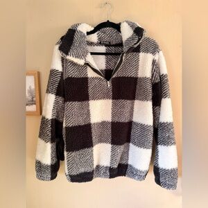 Plaid Teddy Jacket - Black, White, Gray